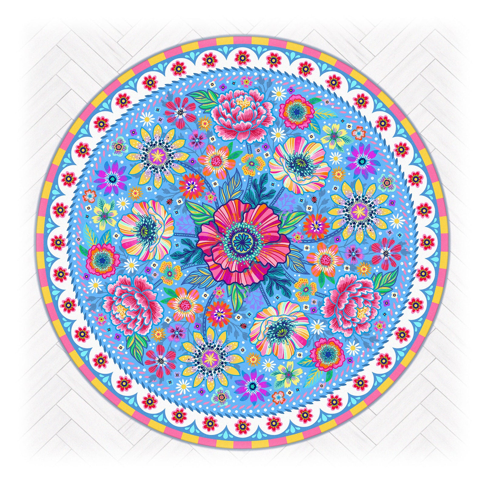 Superweicher runder Teppich im Design von Bine Brändle mit dem Motiv Blumenmeer in Hellblau, verspielt und harmonisch gestaltet.
