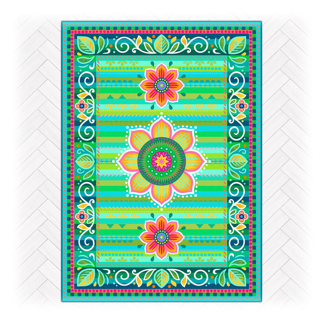 Superweicher Teppich im Design von Bine Brändle mit dem Motiv Jasmin in Grün, lebendig und dekorativ gestaltet.