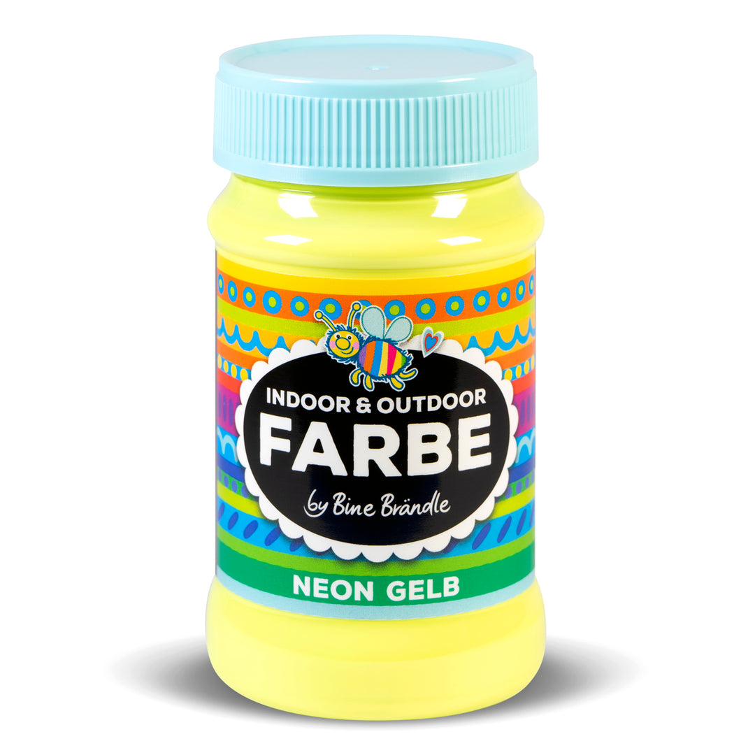 Leuchtend neon gelbe Acrylfarbe in Kunststoffflasche für Bastelarbeiten im Innen- und Außenbereich 